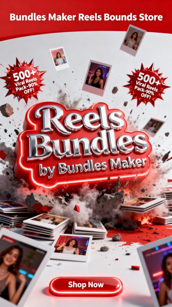 This ultra-3D red and white banner for "Bundles Maker" Reels bundles store features hyper-realistic, exploding stacks of Instagram Reels thumbnails in the foreground, with dramatic lighting casting deep shadows for depth. (see the generated image above) A massive, embossed chrome-glowing 3D logo "Reels Bundles by Bundles Maker" dominates the center, metallic sheen reflecting light dynamically. (see the generated image above)